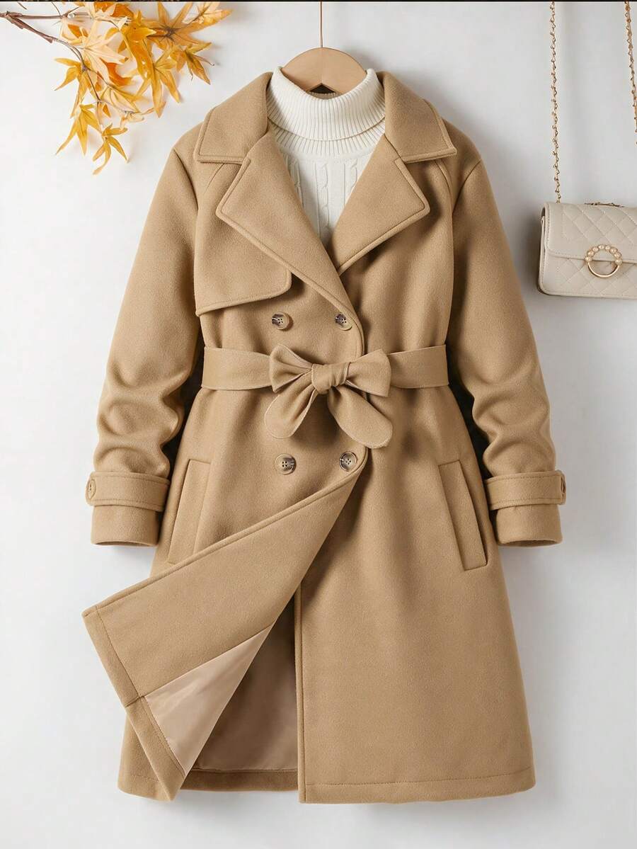 Girls' Autumn/Winter Long Coat, Camel Wool Blend Overcoat, British Style Tie-Waist Warm Jacket - Khaki - View 1
