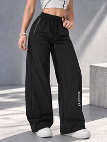 Women Black Wide Leg Pants With Elastic Drawstring Waist And Zipper Pockets Casual Loose Fit Full Length Trousers - Black - View 5