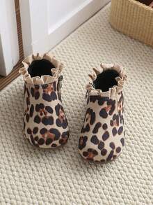 1 Pair Baby Leopard Print Ankle Boots, Ruffled Collar, Side Zipper, Soft Sole, Comfortable And Versatile - Beige - View 3