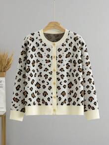 BYGOUBY Women's Autumn/Winter Leopard Print Front Button Long Sleeve Knit Cardigan, Casual Round Neck Drop Shoulder Sweater Jacket - Apricot - View 6