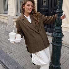 Women Fall Elegant Casual Brown Plaid Button Up Long Sleeve Blazer For Vacation Office Going Out - Brown - View 4