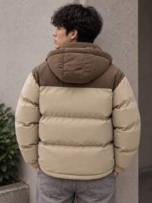男士冬季連帽填充外套，燈芯絨拼接設計，標準版型，長袖附口袋 - 卡其色 - 查看 3
