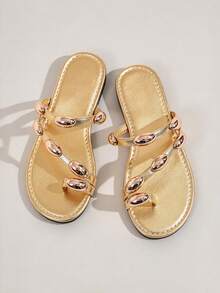 Wide Fit Women's Plus Size Wide Toe Box Sandals, Gold Metallic Decor Toe Cap Slides, Oval Metal Ornament Flat Strap Sandals, Vacation Style Summer Outdoor Beach Slippers - Gold - View 3