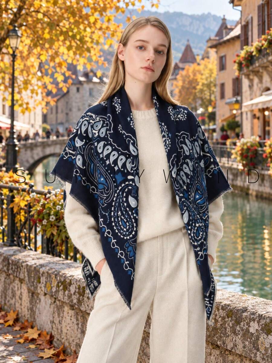 1件女款佩斯利花紋時尚優雅百搭聚酯纖維四季日常使用 - 藏青 - 查看 1