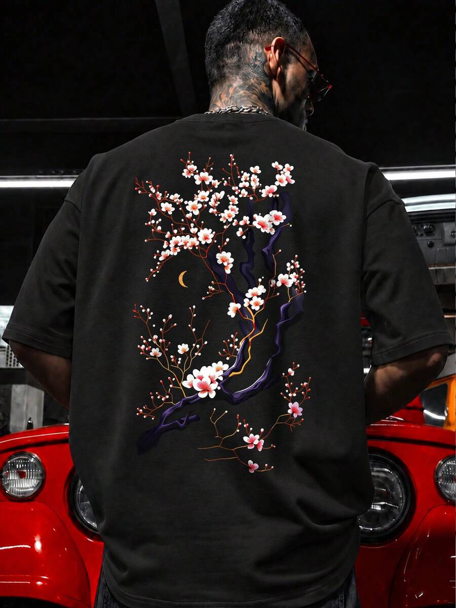 Men's Japanese Cherry Blossom Tree & Crescent Moon Back Graphic T-Shirt, Casual Loose Fit Short Sleeve Crew Neck Summer Top | Exquisite Design | Summer Essential | Versatile & Easy To Match, Showcase Your Style - Black - View 1