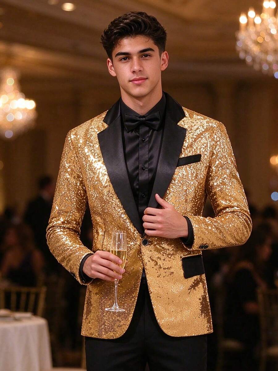 Men's Sequin Suit Jacket, Nightclub Bar Dancehall Formal Wear, Stage Performance Blazer - Gold - View 1