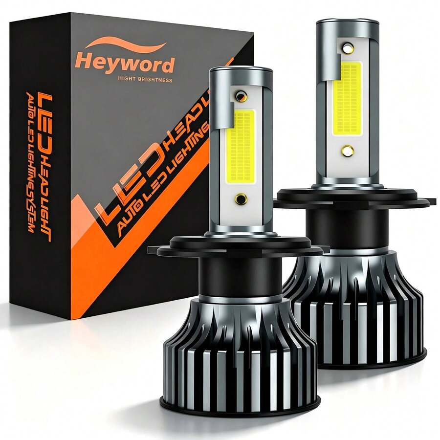 Heyword 2个LED汽车大灯，9005/9006/H13/H11/H7/H4/H1，远近光一体式，75000流明，亮度提升800%，6500K白光，支持CANBUS总线，静音风扇，高亮度COB/CSP芯片，即插即用