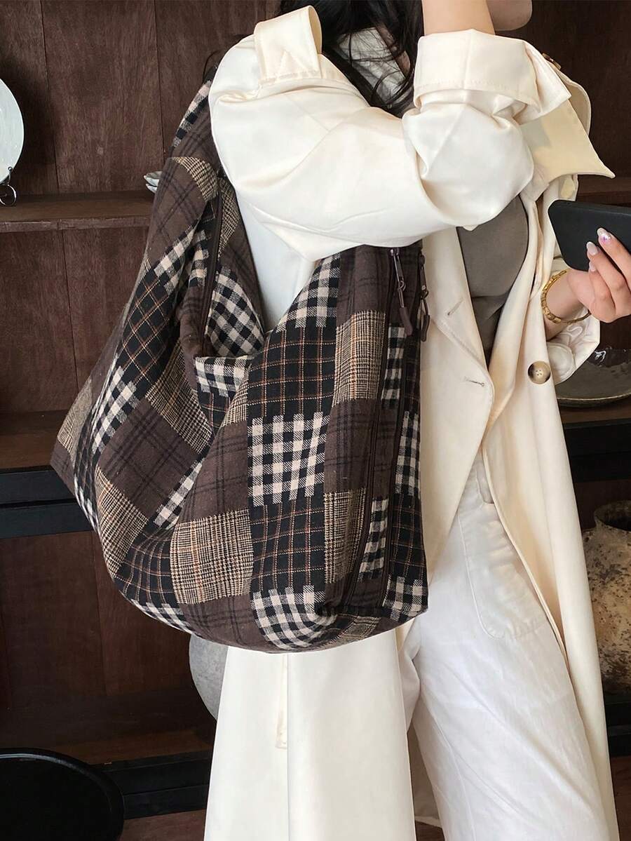 Tas Tote Patchwork Kotak-kotak Retro untuk Wanita di Musim Gugur dan Musim Dingin, Gaya Santai, Tas Bahu Kapasitas Besar, Tas Komuter Bertekstur untuk Pelajar - Coffee Brown - View 1