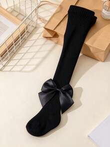 1pc Baby Girl Sweet Large Bow Knitted Tights, Children's Ribbed High Elastic Base Tights, Suitable For Girls' Daily Versatile Wear - Black - View 7