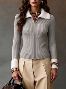 Sweater Wanita Kasual Sehari-hari, Esensial untuk Perjalanan Harian, Minimalis, Kombinasi Warna, Leher V, Lengan Panjang, Resleting Ganda, Potongan Ramping, Serbaguna, Musim Gugur/Dingin - MultiWarna - View 1