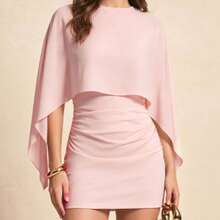 Solid Color Batwing Sleeve Patchwork Lightweight Elegant Party Dress, 2-In-1/Deconstructed Style, Suitable For Evening Party, Date, Vacation, Back To School, Birthday Party, Daily Wear, First Day Of School - Pink - View 4