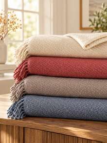 1pc Soft Textured Throw Blanket With Tassels, Cozy Lightweight Blanket For Sofa, Bed, Living Room & Home Décor, All-Season Use - Red - View 2
