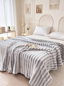 1pc Striped Print Faux Rabbit Fur Blanket, Soft Comfortable Warm Blanket For Home Decor, Suitable For Bed, Sofa, Office, Room Decoration, Dorm, Machine Washable - Light Grey - View 1