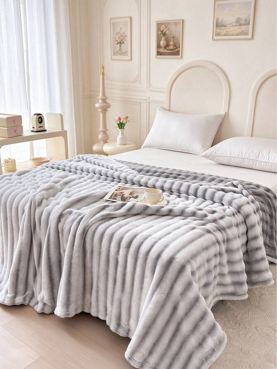 1pc Striped Print Faux Rabbit Fur Blanket, Soft Comfortable Warm Blanket For Home Decor, Suitable For Bed, Sofa, Office, Room Decoration, Dorm, Machine Washable - Light Grey - View 1