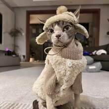 Hairless Cat Winter 3 Pieces Set Lamb Fleece Knitted Sweater + Ear Protector Warm Pet Clothes For Sphynx And Devon Rex Cats - Apricot - View 1