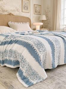 1pc Plush Striped Pattern Blanket, Warm Soft Comfortable Throw Blanket For Home Decor, Suitable For Bed, Sofa, Office, Room Decoration, Dorm, Machine Washable, Suitable For Spring, Autumn, Summer - Blue and White - View 7