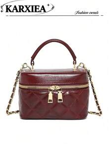 PU Leather Handbag For Women, New Fashion Crossbody Bag With Niche Design, Chain Strap, Minimalist Commuter Bag, Textured Small Square Box Bag - Burgundy - View 1