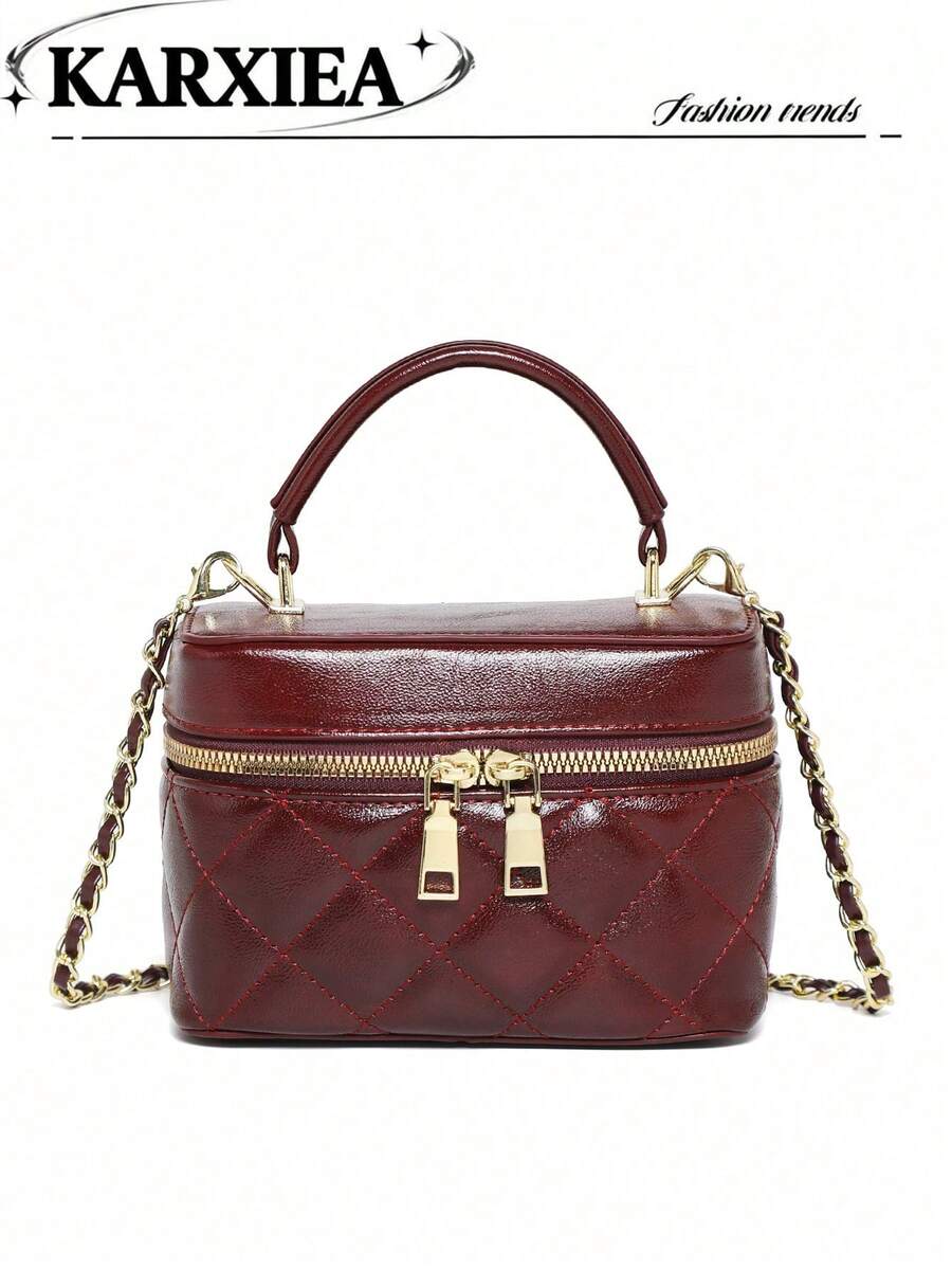 PU Leather Handbag For Women, New Fashion Crossbody Bag With Niche Design, Chain Strap, Minimalist Commuter Bag, Textured Small Square Box Bag - Burgundy - View 1