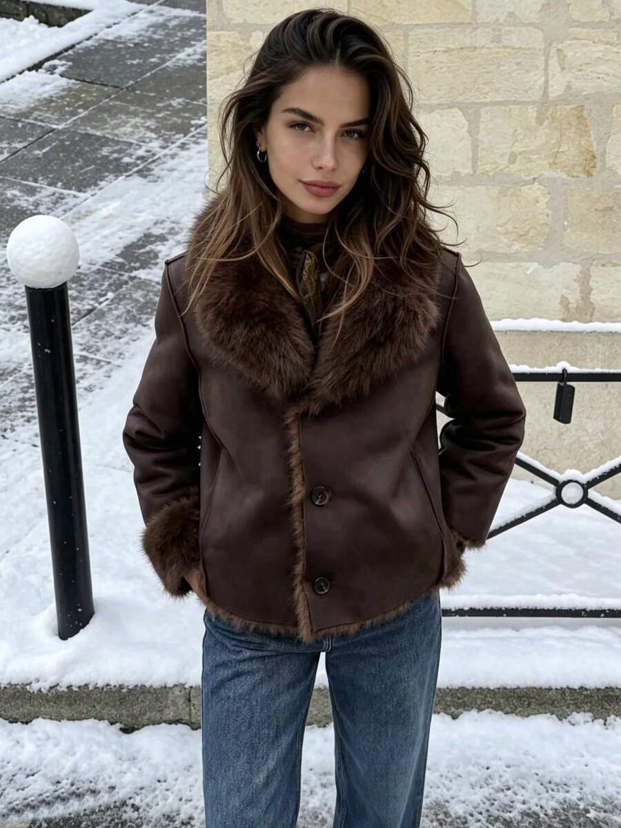 DEEKA Autumn/Winter New Women's Fashion Jacket, European & American Style Minimalist Faux Fur Effect Coat - Brown - View 1