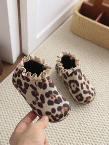 1 Pair Baby Leopard Print Ankle Boots, Ruffled Collar, Side Zipper, Soft Sole, Comfortable And Versatile - Beige - View 5