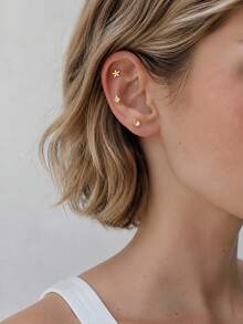 1pc 925 Sterling Silver Flower Stud Earring, Spiral Earring Stack, Flat Back Cartilage Ear Stud, Suitable For Women's Daily Wear, Wedding, Party, Engagement, Exquisite Jewelry - Yellow Gold - View 3