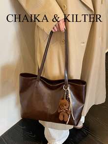 1pc Minimalist PU Fabric Shoulder Tote Bag, Suitable For Commuting, Shopping And More (With Pendant) - Coffee - View 7