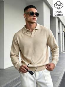 WAIT HIM 100% Cotton Men's Casual Skin-Friendly Solid Color Polo Collar Base Layer Sweater - Apricot - View 1