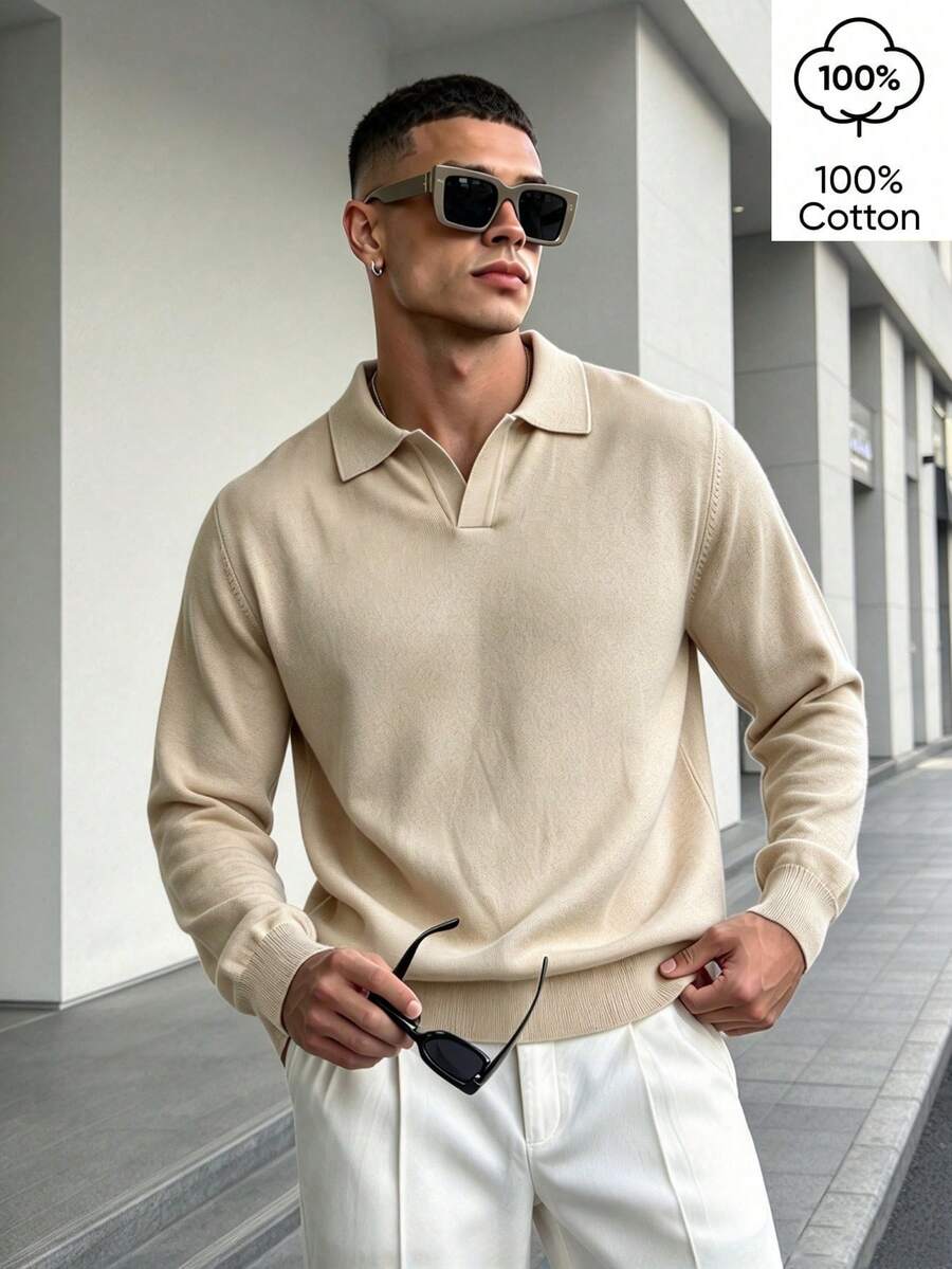 WAIT HIM 100% Cotton Men's Casual Skin-Friendly Solid Color Polo Collar Base Layer Sweater - Apricot - View 1