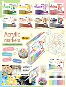 14 Colors Soft Tip Acrylic Marker Set, Water-Based, Waterproof, Quick-Drying, Strong Coverage, Non-Bleeding, Suitable For Painting On Stones, Ceramics, Glass, Wood, Shoes, Photo Albums, Hand-Drawn DIY Graffiti, Art Painting Professional Drawing Pens, Multi-Color Set - Multicolor - View 8