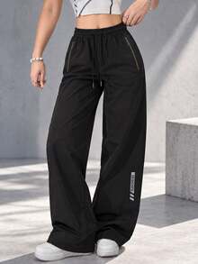 Women Black Wide Leg Pants With Elastic Drawstring Waist And Zipper Pockets Casual Loose Fit Full Length Trousers - Black - View 2