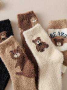 1/3/5 Pairs Randomly Shipped Women's Multi-Color Plush Bear Pattern Comfortable Thick Warm Home Mid-Calf Socks - Multicolor - View 2