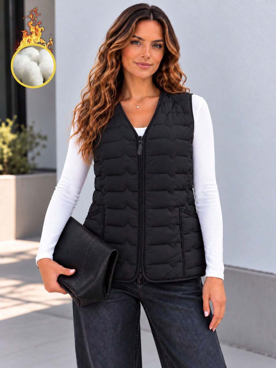 Women's Black Quilted Puffer Vest, Lightweight Sleeveless Zip Front Longline Vest With Pockets For Everyday Layering - Black - View 1