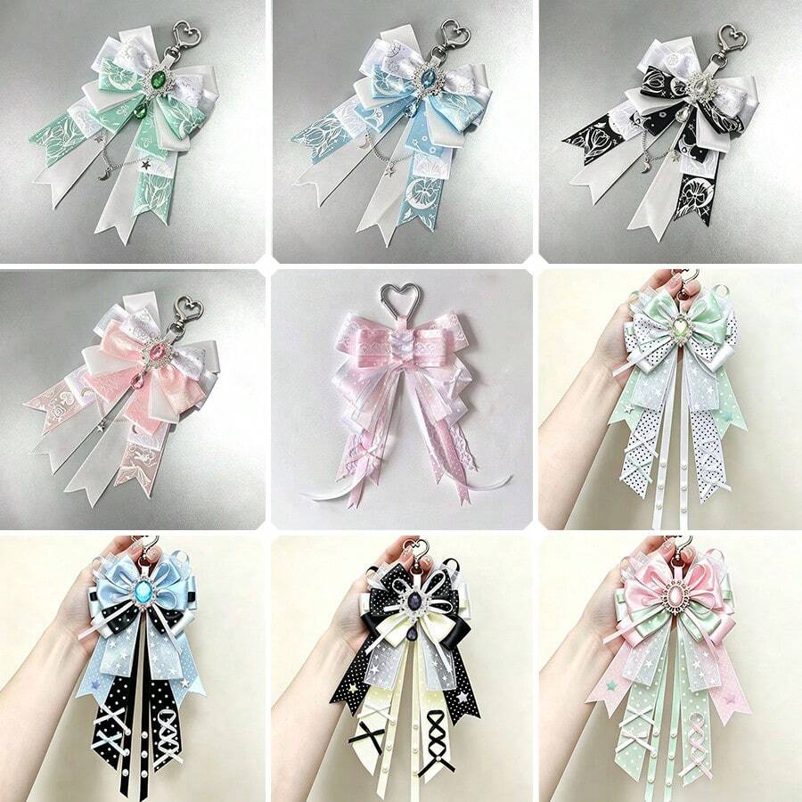 1pc Satin Ribbon Bow Bag Charm, Anime Fan Support Convention Concert Cosplay Mass-Produced Lolita Ita Bag Accessory, Lace Star Gauze Polka Dot Moon Star Pendant Chain Handmade Idol Fan Support Decoration Long Ribbon Style - A - View 1