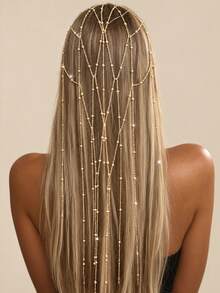 Exquisite Shiny Hollow Mesh Hair Chain Tassel Hair Accessory For Women, Versatile For Banquet And Party - Gold - View 1