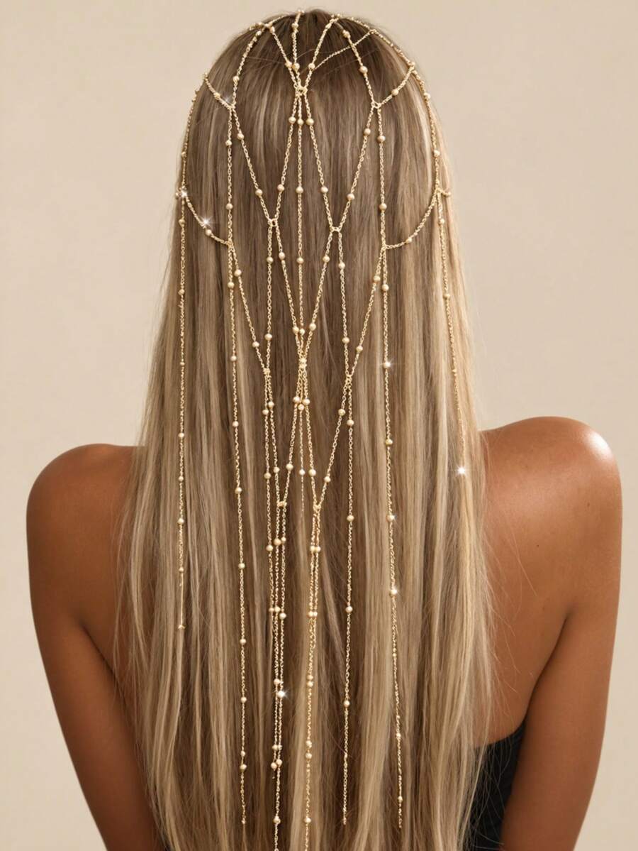 Exquisite Shiny Hollow Mesh Hair Chain Tassel Hair Accessory For Women, Versatile For Banquet And Party - Gold - View 1