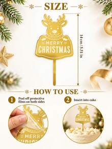3pcs Gold Mirror Acrylic Christmas Cake Toppers, Laser Engraved Reindeer Pattern With Merry Christmas Lettering, Holiday Cake Decoration, Suitable For Christmas Party, Winter Celebration And Dessert Table - B - View 3