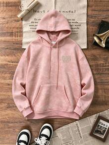 Unisex Vintage Washed Sweatshirt, Floral Slogan Back Print Loose Long Sleeve Casual Pullover, Autumn/Winter - Pink - View 3