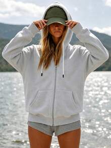 Women's Fashion Solid Color Drawstring Sports Jacket, Casual Minimalist Aesthetic Hooded Jacket, Y2K Minimalist Long Sleeve Sweatshirt, Suitable For Daily Wear, Outdoor Activities, Back To School Essential - Grey - View 4