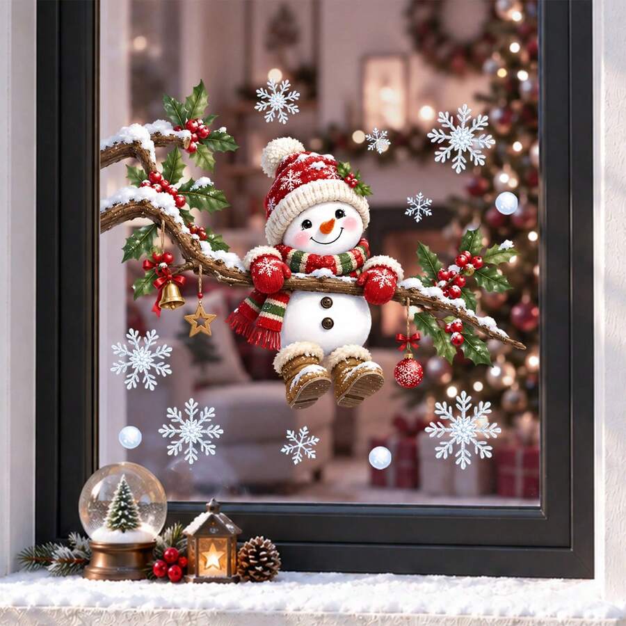 Christmas Snowman Window Decals, Snowy Holly Branch And Snowflake Static Cling Stickers, No Glue Needed, Holiday Home Window Glass Decor - Christmas Window Decals - View 1