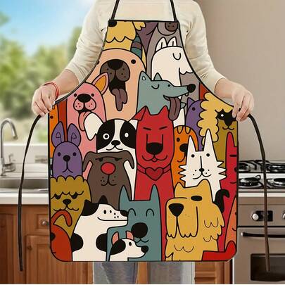 1 pieza Delantal con patrón de colección de perros garabateados de colores para cocina, cocina, decoración de reuniones familiares