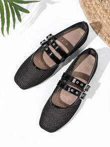 Women's Mary Jane Mesh Ballet Shoes With Double Straps And Soft Sole - Black - View 2