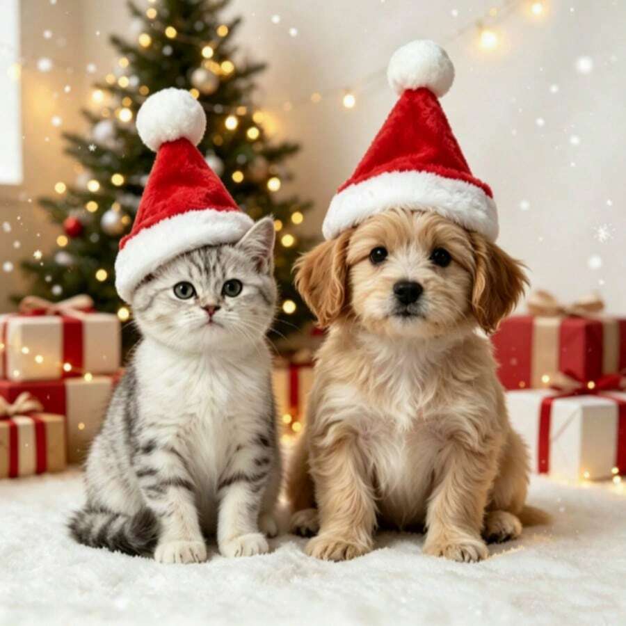 1pc Pet Christmas Hat Cat Dog Headwear Costume Accessory Christmas Party Decoration Red Plush Hat - Multicolor - View 1