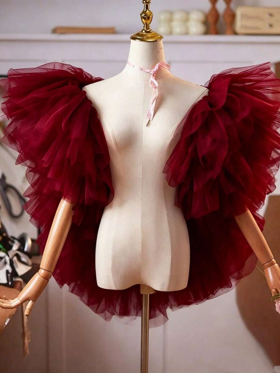 Bridal Ethereal Multi-Color Mesh Shawl, Evening Gown Outer Layer, Performance & Photo Accessory, Large Shawl - Burgundy - View 1