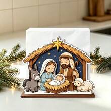 1 buah Tempat Tisu Kayu Bertema Natal, Kotak Tisu Meja dengan Desain Keluarga Kudus, Gembala, Bintang, Keledai, dan Domba, Kotak Penyimpanan Tisu Kertas untuk Meja Dapur Natal, Dekorasi Tengah Meja Makan Rumah untuk Liburan - View 4