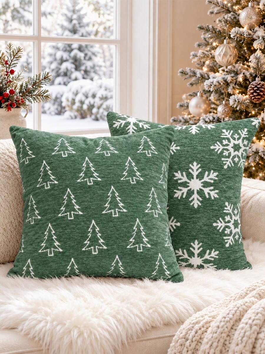 1pc Christmas Pillow Covers, Reversible Snowflake & Tree, Farmhouse Holiday Decor, Hidden Zipper, Sofa Couch Bed Accent, Winter Decorations For Home, Holiday Gift - Green - View 1