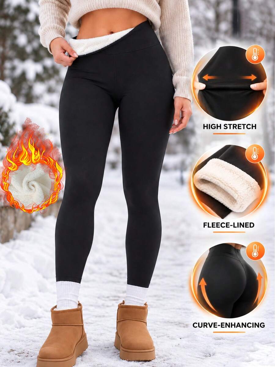 Women's Fleece Lined High Waist Warm Pants, Slim Fit Elastic Thermal Winter Leggings, Soft Comfortable Warm Innerwear Pants, Suitable For Cold Weather - Black - View 1