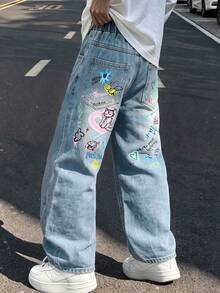Boys Graffiti Print Distressed Jeans, 4-8 Years Light Wash Loose Fit Denim Pants, Ripped Details, Casual Street Style - Light Wash - View 3