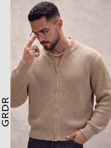GRDR Men's Autumn/Winter Solid Color Stand Collar Zip-Up Ribbed Knit Cardigan Casual Sweater Jacket - Camel - View 3