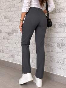 Pantalón semientubado para mujer, elegante y casual. Colores lisos sin estampados. Ajuste de cintura natural, cordón ajustable. Botones decorativos en la cintura. Bolsillos funcionales. - Gris - Ver 3