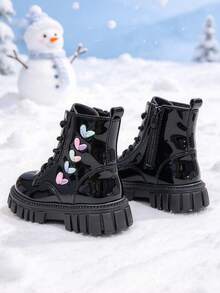 1 Pair Girls' Short Boots With Colorblock Heart Pattern Decor, Round Toe Soft Sole, Height-Increasing Inner Zipper Design, Fashion Sweet Cool Cute Princess Ankle Boots, Suitable For Daily, Holiday, School, Party, Autumn/Winter New Style - Black - View 5